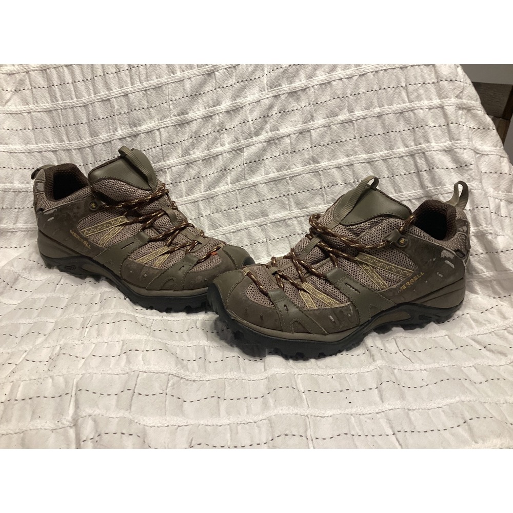 Merrell Waterproof Hiking Shoes Womens Brown Olive Green Vibram Low Top Trail